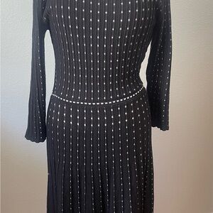 Tahari Black Long-Sleeve Ribbed Dress with White Dot Detail